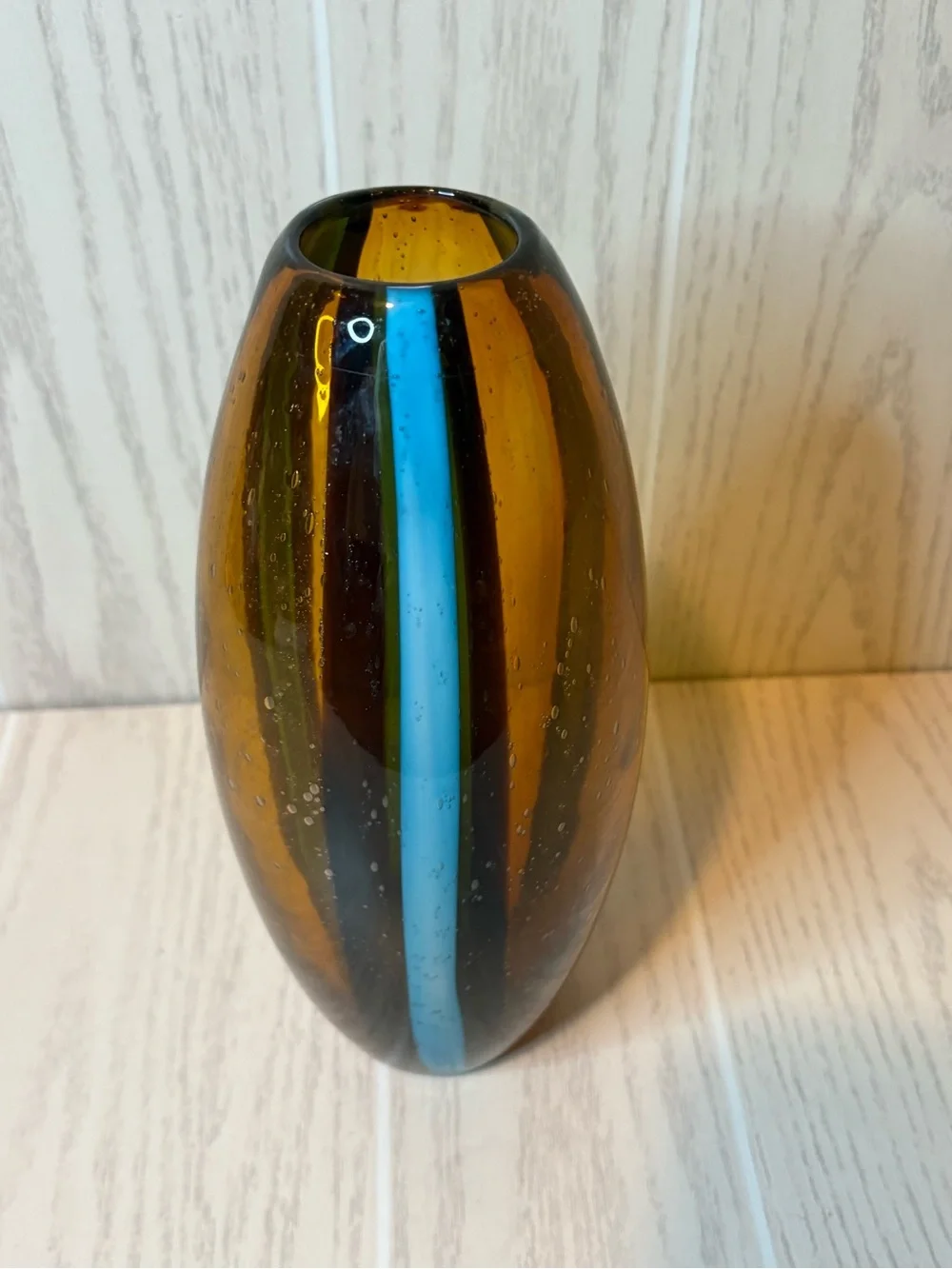 Pier 1 Amber Glass Vase with Blue Stripe Bubble Glass